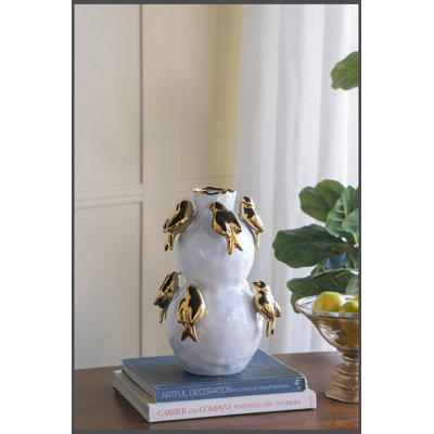 Vase en céramique blanc à deux niveaux 8,5 x 8,5 x 14 po avec accents d'oiseaux dorés
