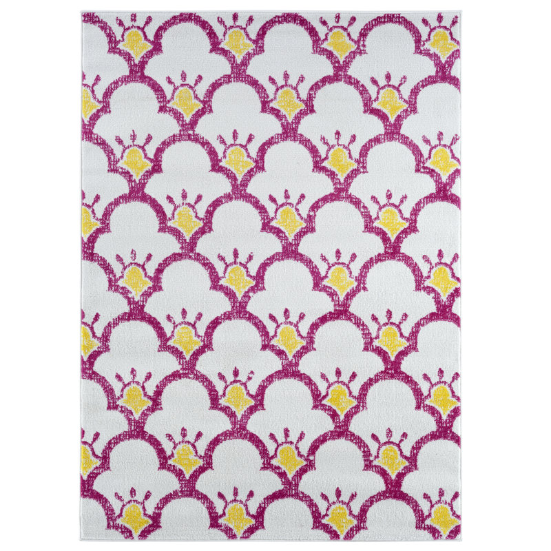 Rose géométrique/crème/jaune Tapis décoratif, Rectangle 5 pi x 7 pi
