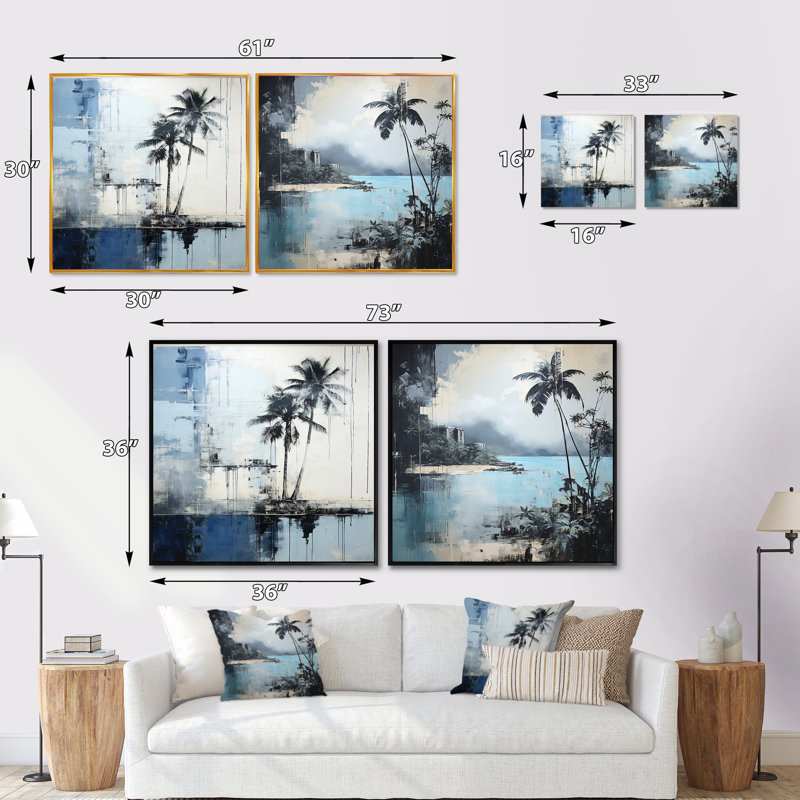 Ensemble de 2 collages de palmiers tropicaux - bleu et gris, Cadre flottant noir, H 30 po x l 61 po