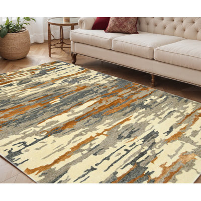 Tapis orange touffeté à la main à motif abstrait ivoire et vert 5 pi x 8 pi