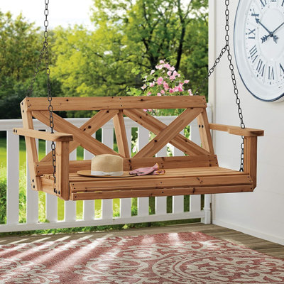 Balancelle de véranda en bois de cèdre avec sièges pour deux personnes, chaînes de suspension durables, résistantes à l'eau, capacité de poids de 600 lb pour le patio, la terrasse et le jardin