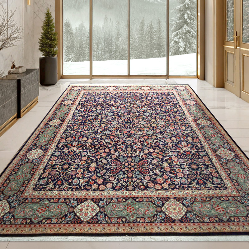Tapis bleu marine et vert clair de haute qualité noué à la main