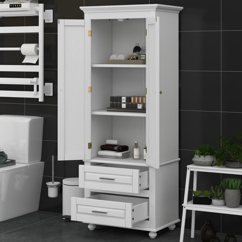 Armoire de rangement haute avec deux tiroirs, armoire de salle de bain multifonctionnelle autoportante avec tablette réglable, dispositif anti-basculement