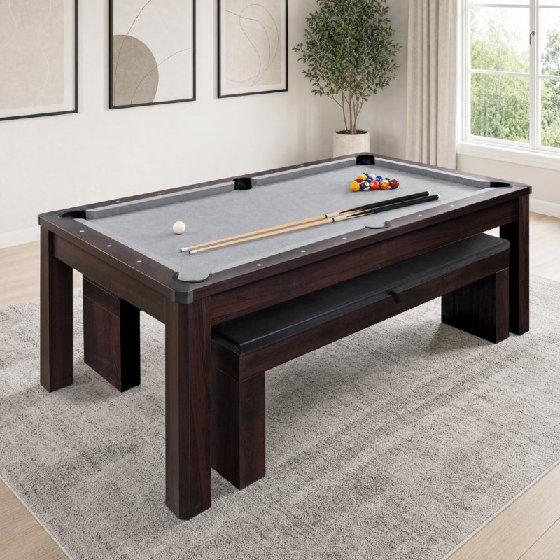 Table de ping-pong et de table de billard avec 2 bancs GoSports 7 pi 3 en 1, chêne foncé, Chêne foncé