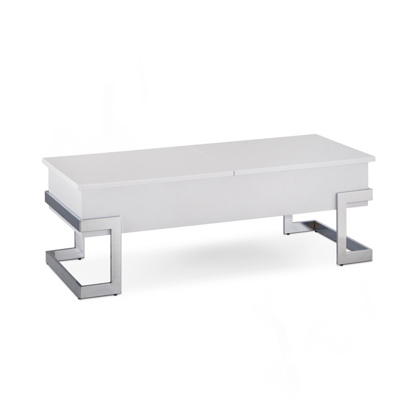 Table basse, blanc brillant et chrome avec plateau relevable, Blanc