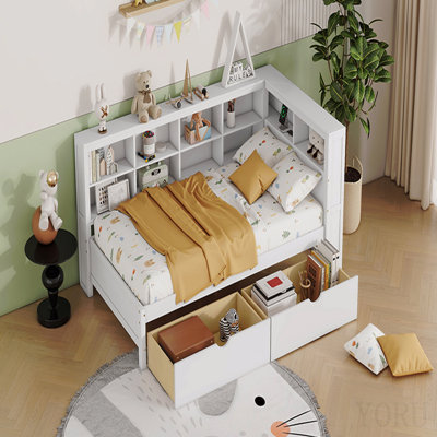 Wooden Twin Size DayBed with 2 Drawers, DayBed with Storage Shelf and USB Charging Ports, White