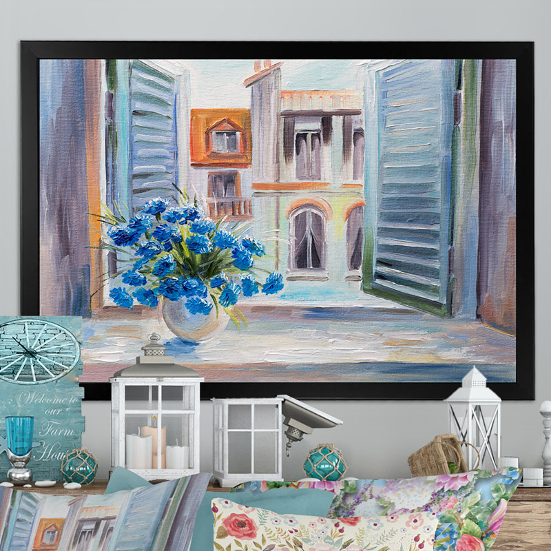 Fleurs bleues à Paris - reproduction d'art sur toile, Toile avec cadre noir, H 8 po x l 12 po x P 1 po