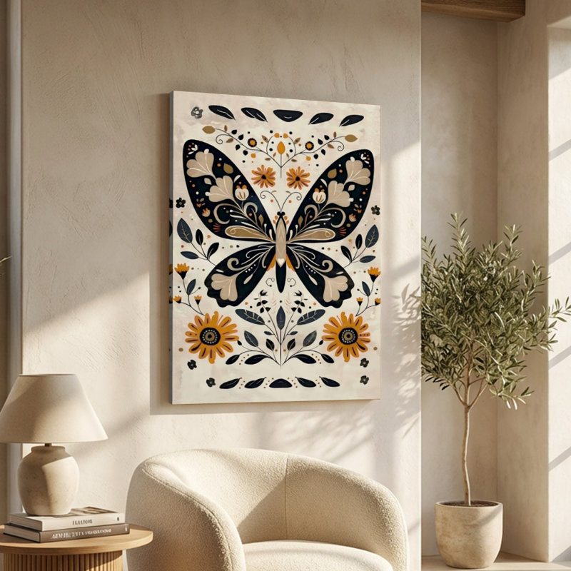 Papillon orné de motifs floraux sur toile - motif complexe - galerie profonde de 1 po - 24 po x 36 po