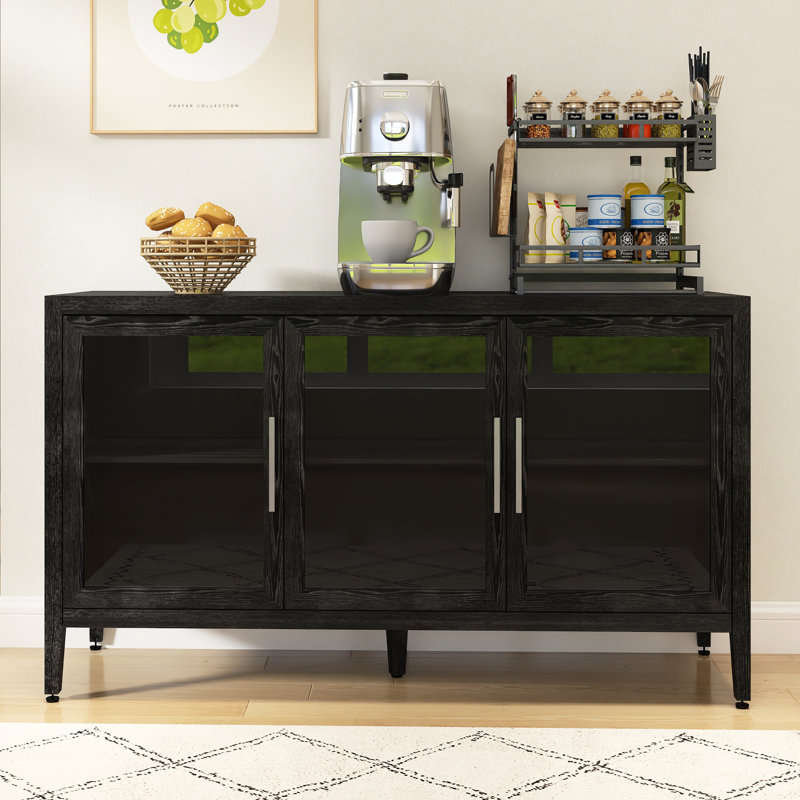 Wood Storage Cabinet With Three Tempered Glass Doors And Adjustable Shelf
