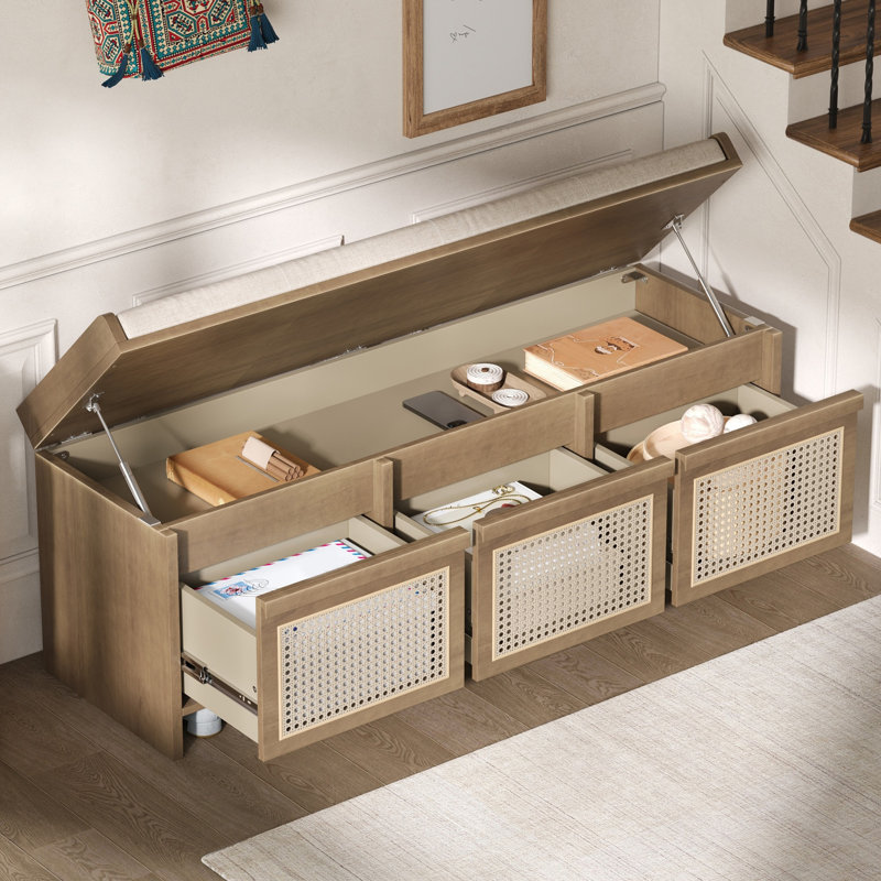 Banc à chaussures d'entrée de 122 cm avec tiroirs en rotin et coussin capitonné, naturel, Naturel