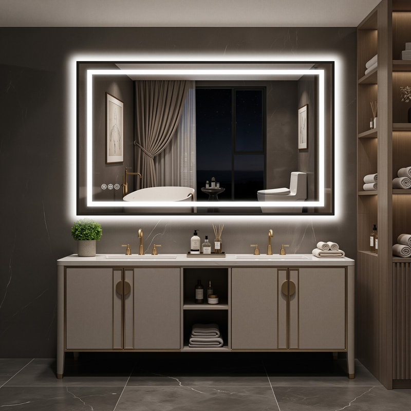 LED Bathroom Mirror with Lights, Vanity Mirror for Wall with Black Frame, Touch Control, Anti-Fog, Dimmable Lights, Shatter-Proof, Memory Function, Wall-Mounted Vanity Mirrors