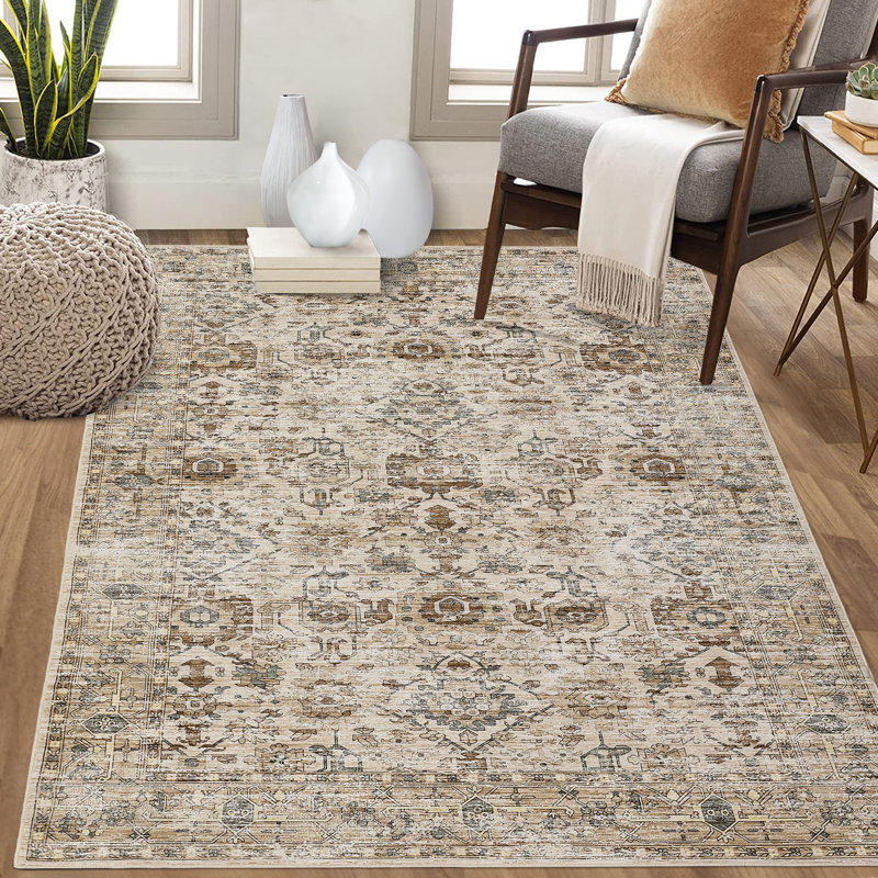 Area Rug 5x7 Washable Area Rug, Low Pile Vintage Floor Carpet, Foldable Thin Rug, Non-Slip Accent Rug, Indoor Distressed Floral Print Rug for Bedroom, Living Room, Office, Beige Brown