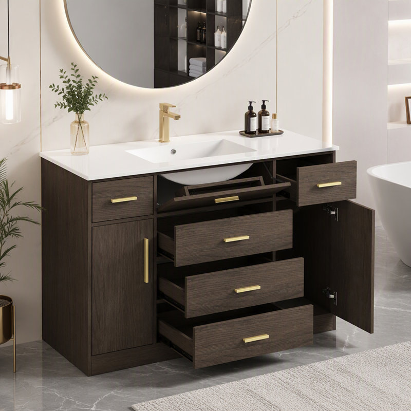 Meuble-lavabo avec beaucoup de rangement, 2 portes à fermeture en douceur et 6 tiroirs pour une organisation élégante