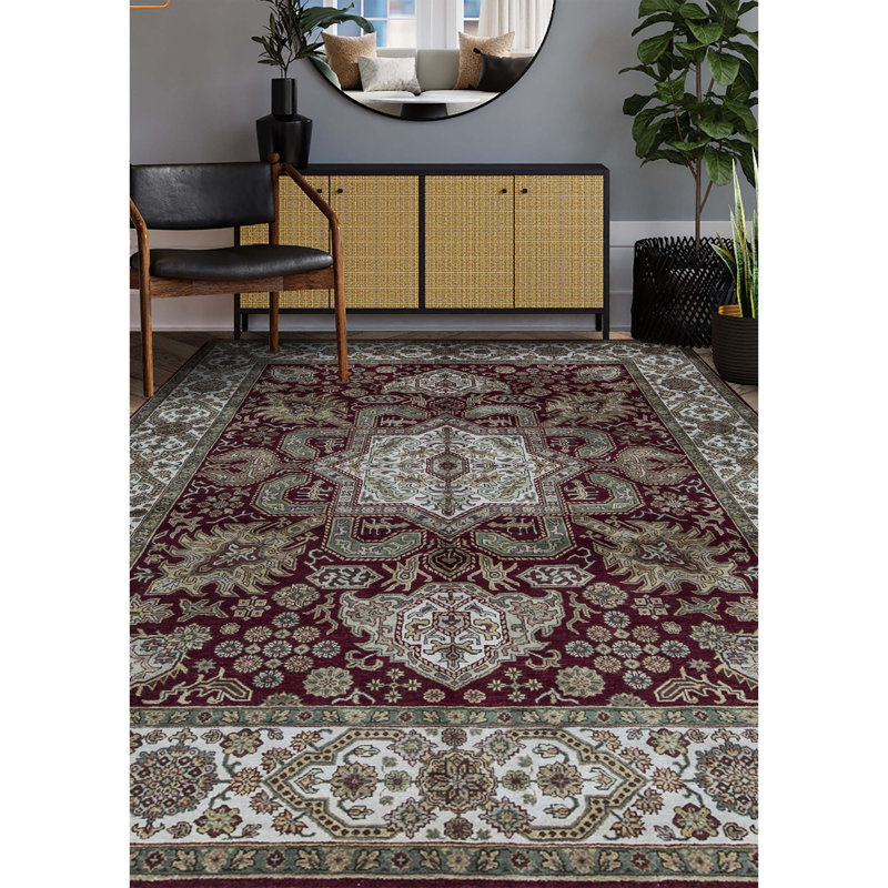 Tapis rouge et ivoire noué à la main de haute qualité