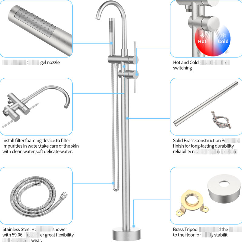 Floor Mount Bathtub Faucet In Brushed Nickel - Comes With Handheld Shower And Tube For Stability Functionality Mounted Made Of Metal Ceramic Durability Style