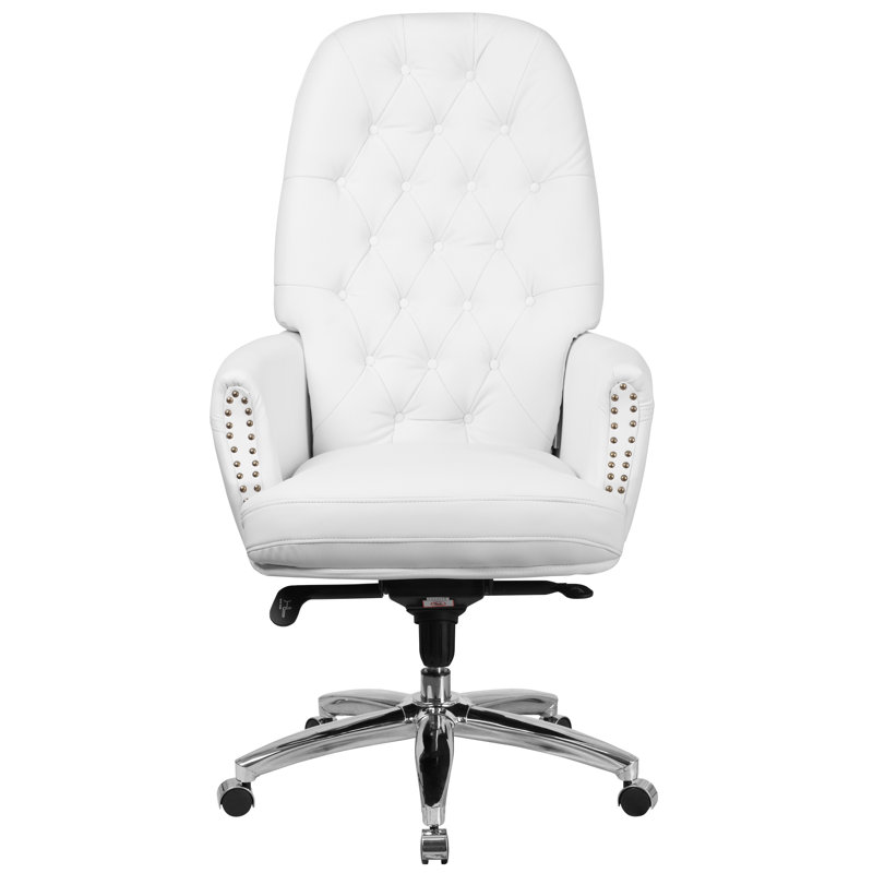 Crafton High Back Traditional Tufted 29" Leather Swivel Executive Chair, White