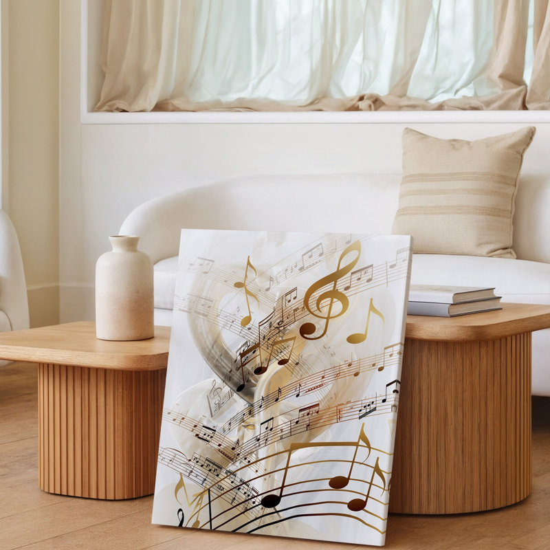 Toile, composition éthérée douce avec notes de musique fluides et feuille d'art mural, H 14 po x l 11 po