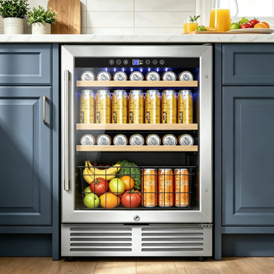 24-Inch Beverage Refrigerator Holds 190 Cans, Versatile Built-In or Freestanding Cooler with 2 Door Handles, Storage Baskets, Available in Three Colours: Silver, Black, and White