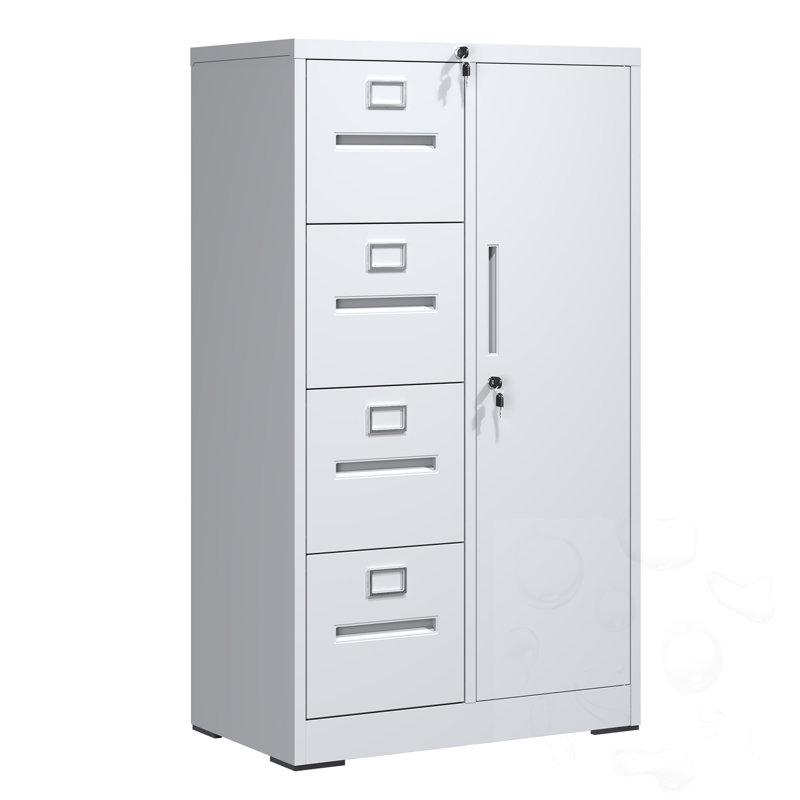 Classeur 4 tiroirs avec serrure et 1 porte, Blanc