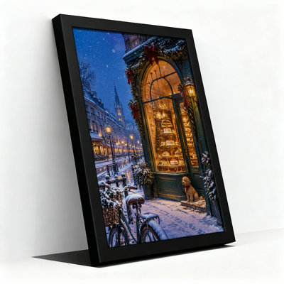 " Snowy Street With Lit Bakery Window And Sitting Christmas " Painting