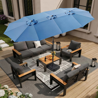 Parasol de marché rectangulaire de 15 pi, parasol de patio lumineux à DEL, base et manivelle incluses pour la piscine, la cour et la terrasse