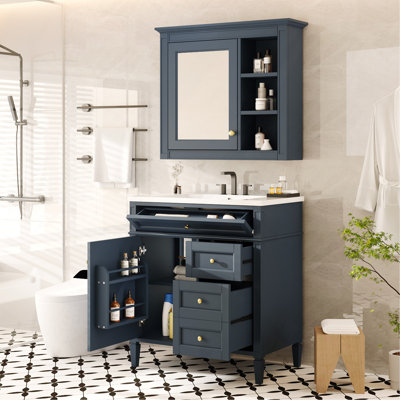 Ensemble de meuble-lavabo autoportant 30 po avec lavabo supérieur, meuble-lavabo moderne avec 2 tiroirs et tiroir basculant, meuble-lavabo autoportant avec miroir et meuble-lavabo simple