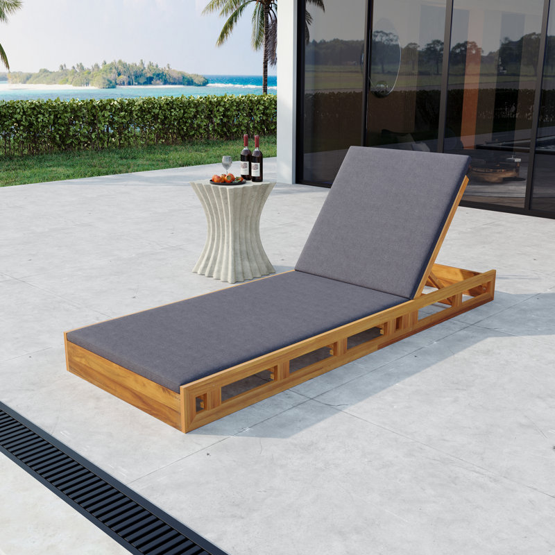 Vane Patio Acacia Wood Chaise Lounge With Adjustable Backrest & Cushion, Dark Gray, 1