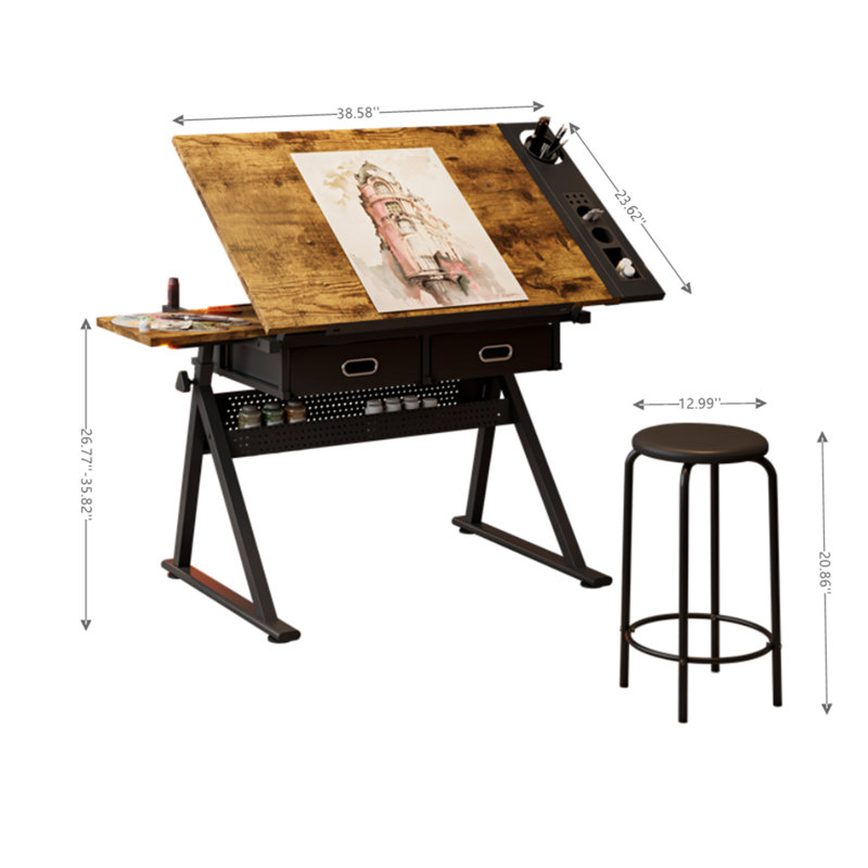 Height Adjustable Drafting Table With Stool, Art Desk Drawing Table With 0-75° Tilting Tabletop, Artist Table Diamond Painting Table Craft Work Station With Storage Drawers For Artists Painters Illustrators Cartoonists