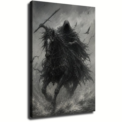 Spectre sombre encapuchonné chevauchant un cheval noir au galop dans l'eau, tableau mural sur toile de style gothique fantastique