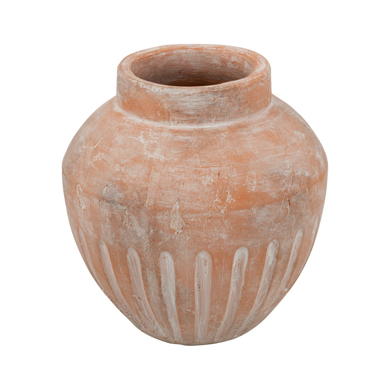 Vase rond en terre cuite avec cou effilé et motif subtilement nervuré