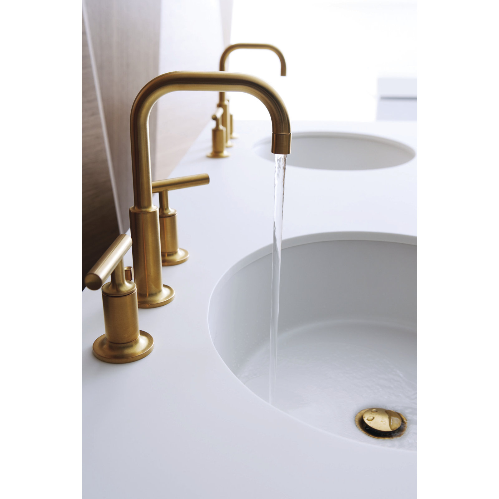 Purist Widespread Faucet with Drain Assembly Low Lever Handles and Low Gooseneck Spout, Vibrant Moderne Brushed Gold