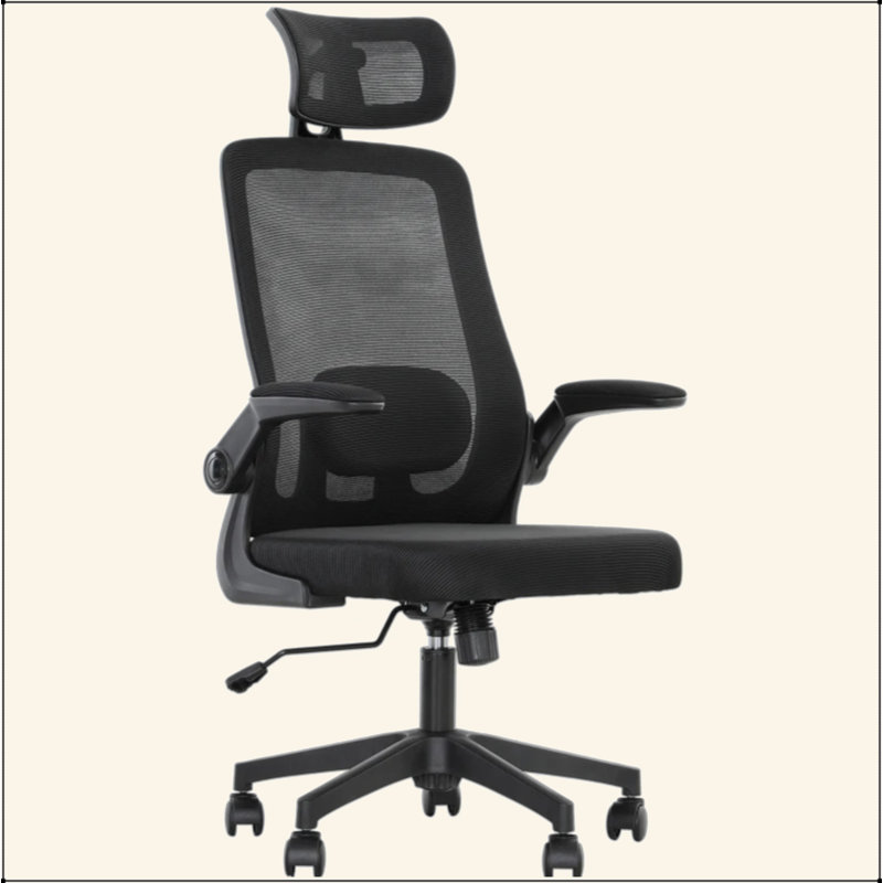 Chaise de bureau en filet, chaise de bureau avec accoudoirs rabattables, appui-tête rotatif, support lombaire réglable, Noir