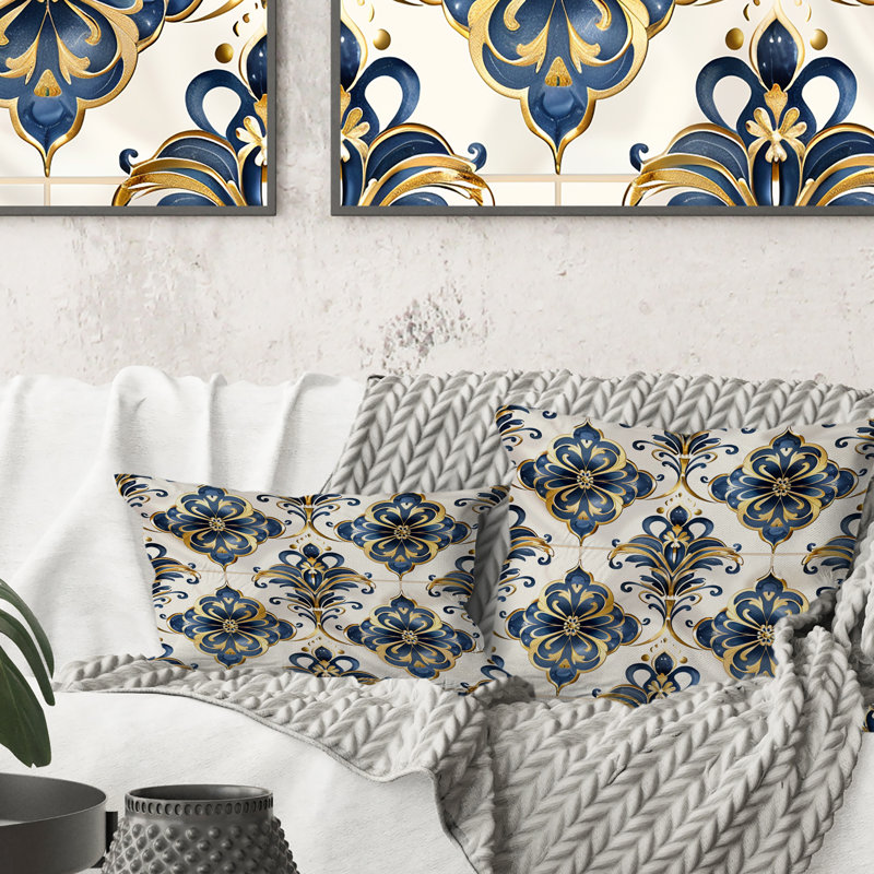 Tuiles damassées dorées et bleues - Coussin lombaire Glam