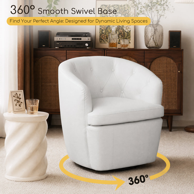 Classic Tuffted Vegan Faux Leather Swivel Barrel Chair No Assembly Required, White