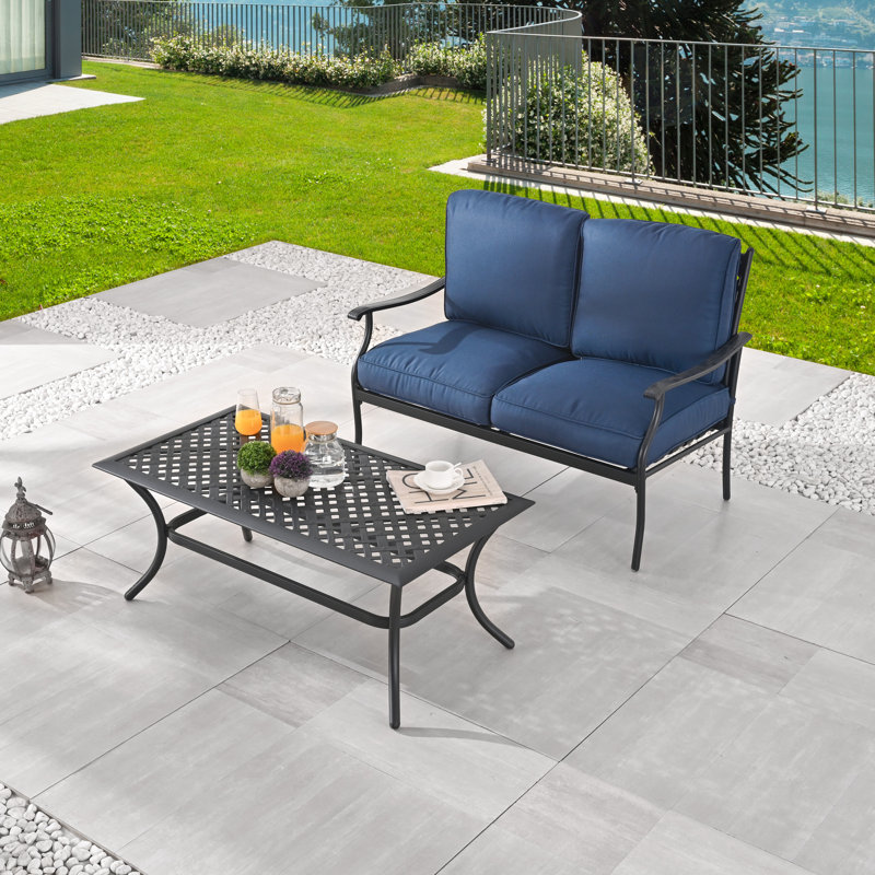 2-Piece Outdoor Metal Loveseat And Coffee Table Patio Chat Set, Blue