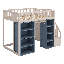 Lit mezzanine double en bois avec escalier de rangement, armoires et rideau