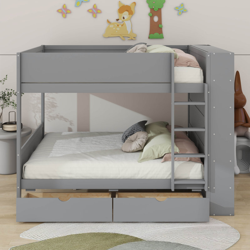 Lit superposé avec tiroirs et armoire, Gris, Lit superposé double sur double