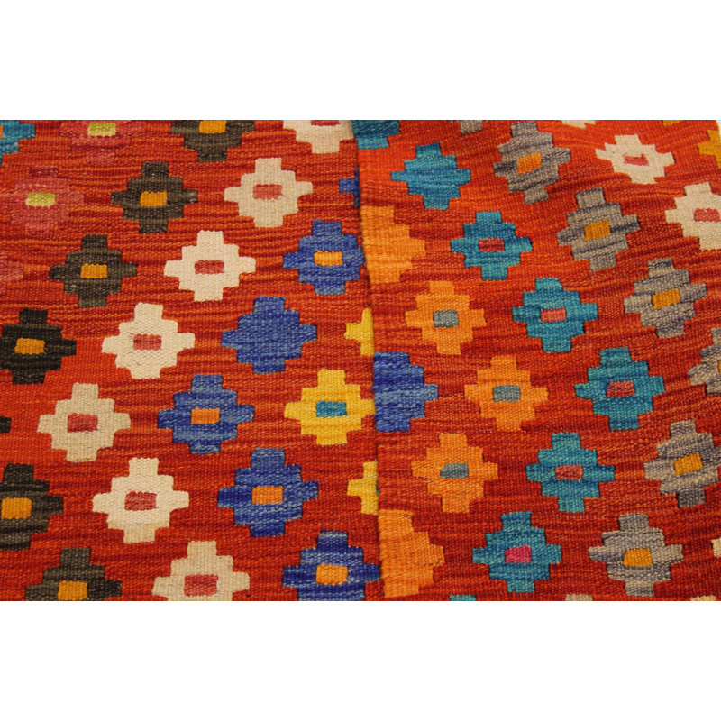 Tapis rouge / ivoire / bleu en laine à motif de chevrons fait à la main 3 pi 6 po x 4 pi 11 po Madee