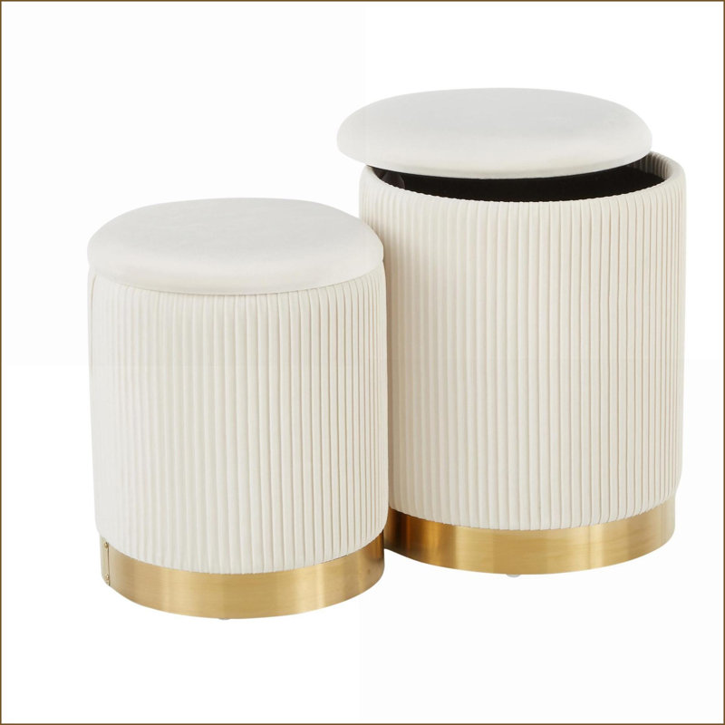 Ottomans, Marla Contemporary Nesting Set with Pleated Cream Velvet &amp; Gold Metal Base by LumiSource | Gold | Metal, Cream