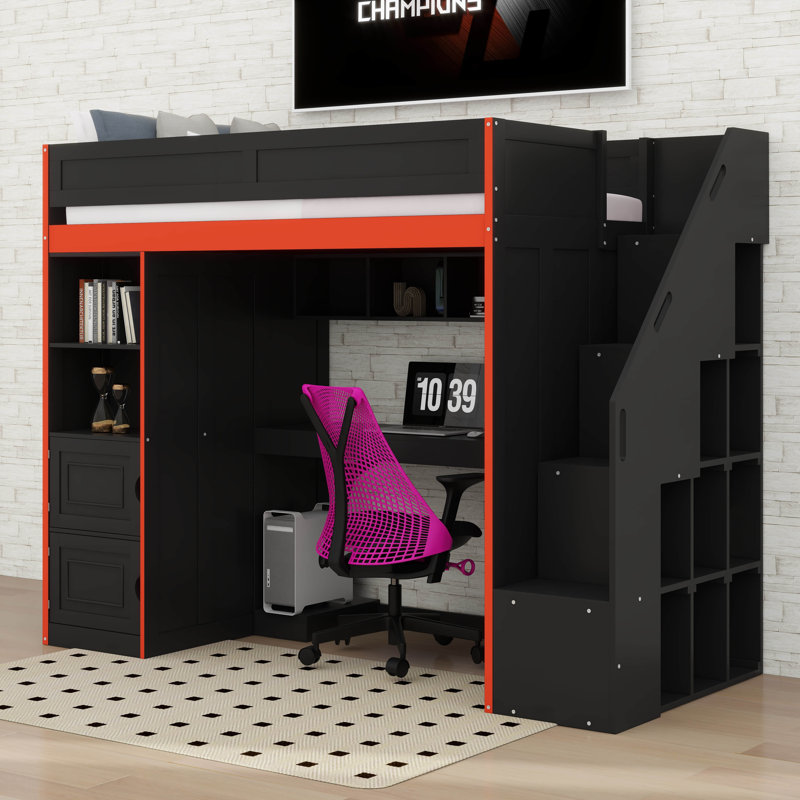Lit mezzanine de jeu avec bureau et rangement, lumières DEL, Lit simple