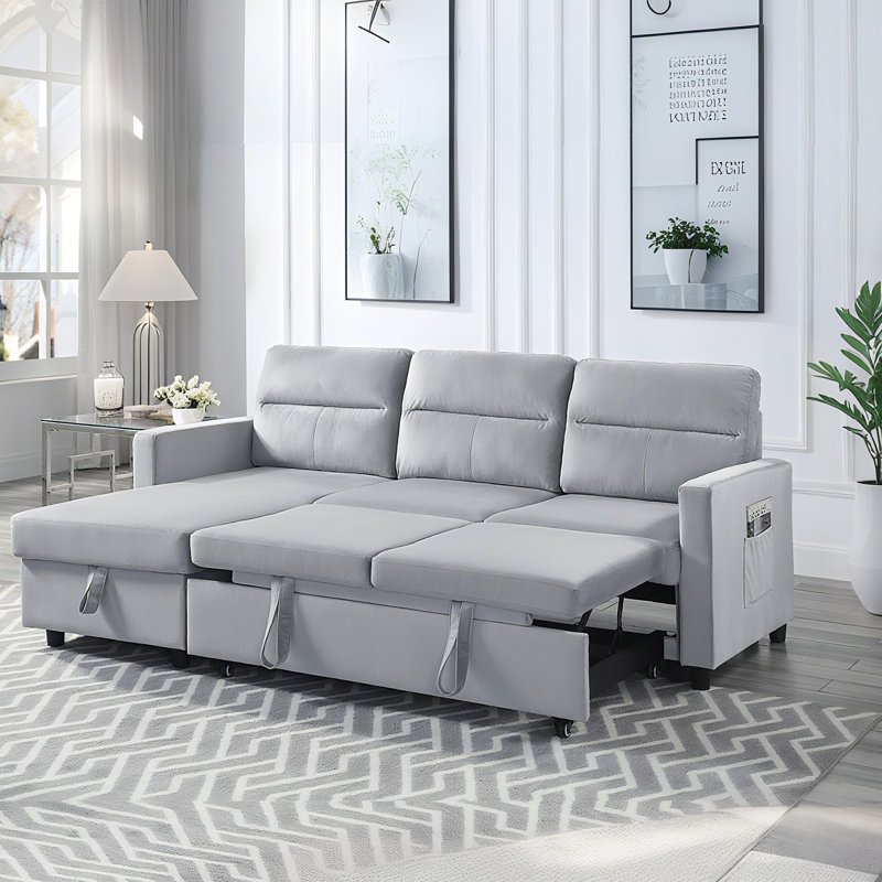 Canapé-lit modulaire réversible de 82 po en tissu avec méridienne de rangement, Gris clair