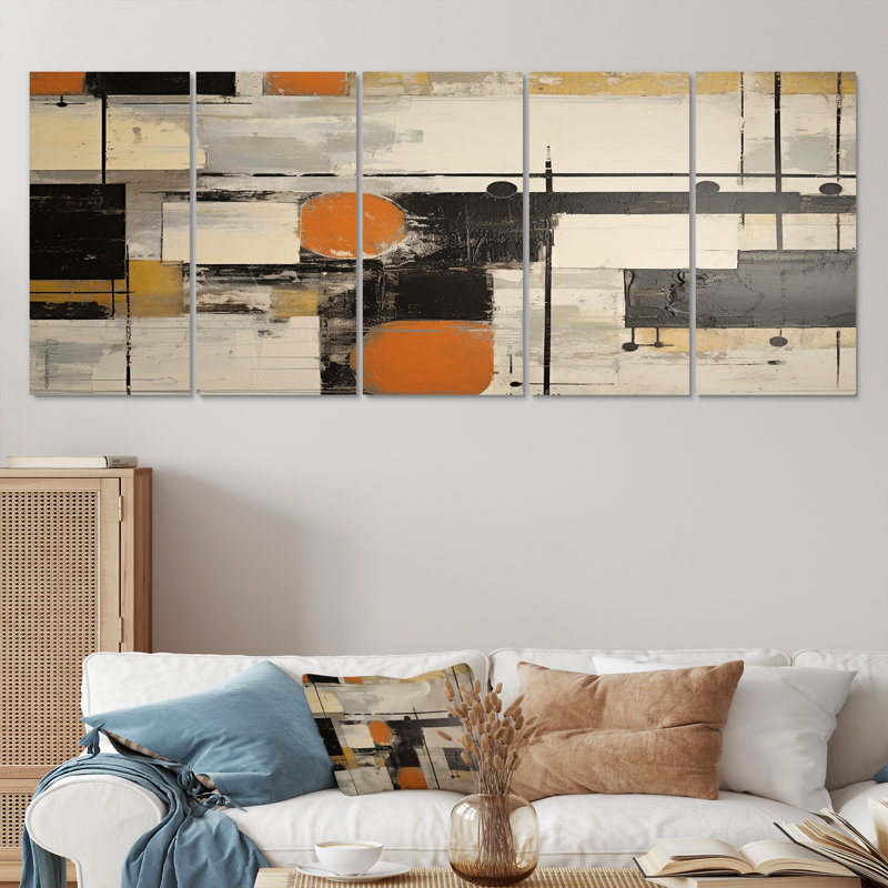 5 pièces d'art mural déco beige, orange, noir et blanc pour le salon, H 32 po x l 80 po