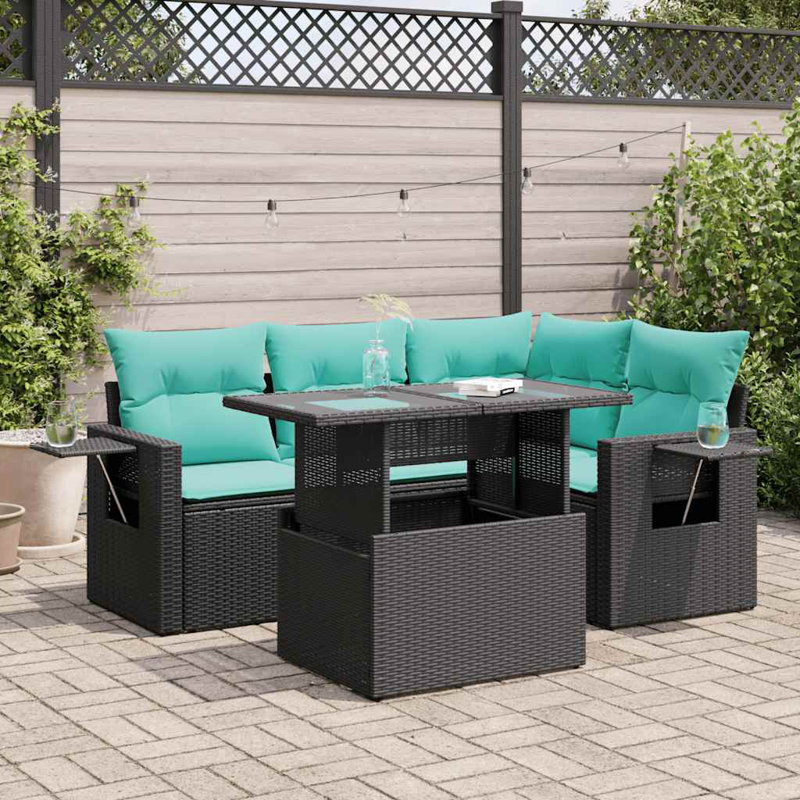  5 Piece Patio Sofa Set With Cushions Poly Rattan Acacia, Brown, Green