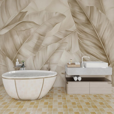 Beige Tropical Banana Leaves Mural