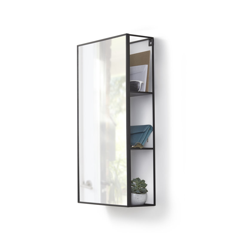 Cubiko 24"x12" Black Metal Wall Mirror with Hidden Shelves