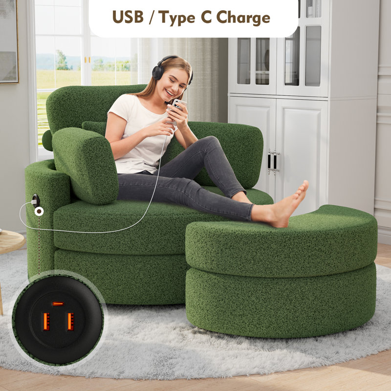 Swivel Accent Chair, Swivel Chair With Ottoman, Oversized Barrel Chair With Usb Charging Port, Round Chaise Lounge Indoor With 4 Pillow, Reading Chair For Living Room (teddy Fabric)