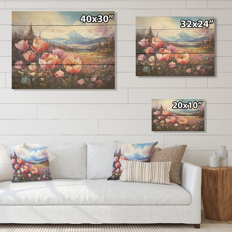 Charme de tulipes mauves sur une montagne - art mural en bois de tulipes sur bois de pin naturel, H 24 po x l 32 po