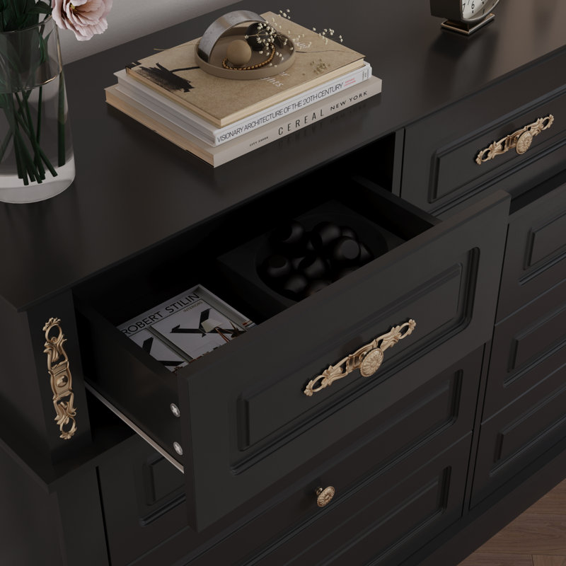 Extra Large 9 Drawers Dresser With Gold Knobs, 63" Wide Long Dresser For Bedroom Lark Manor Color: Black