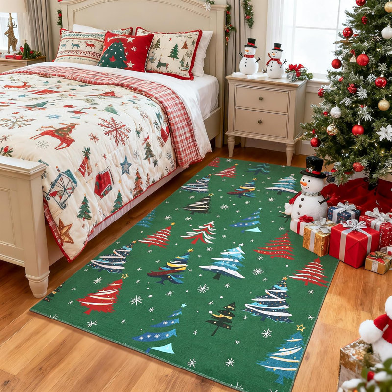 Christmas Tree Non-Slip Washable Low Pile Area Rug, Holiday Decor Living Room Rug, Rectangle 4' x 6'