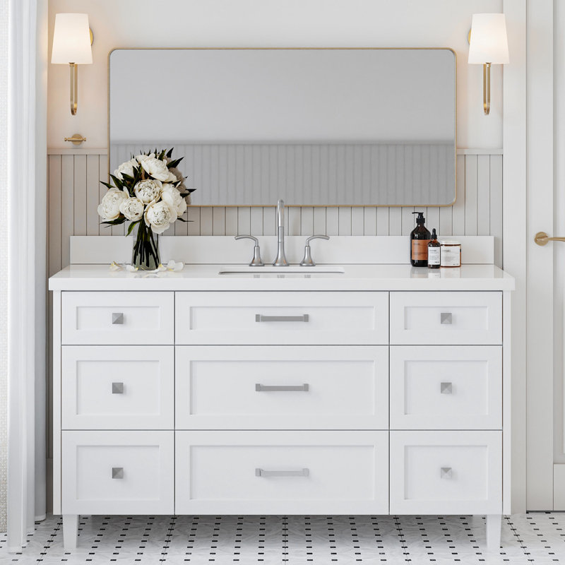 ARIEL Monroe 61 Single Sink Bathroom Vanity with Pure Quartz Top, White, 61"